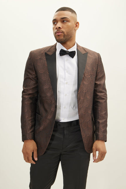 Men's Peak Lapel Tuxedo Jacket - Leaf Jacquard Coffee | Ron Tomson