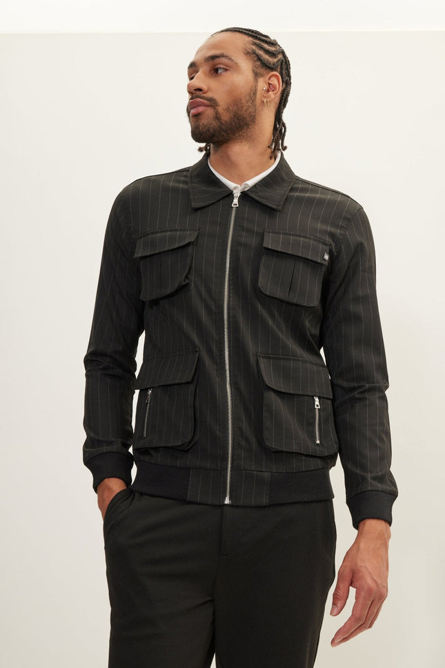 Men's Pinstriped Cargo Jacket - Black Anthracite | Ron Tomson