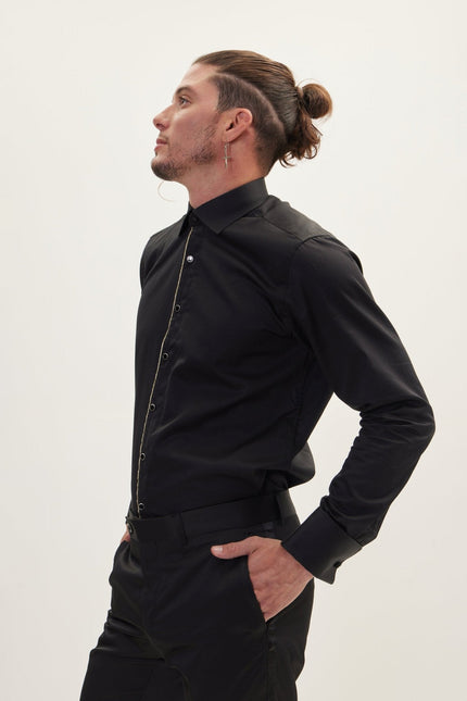 Men's Glitter-Piped Tuxedo Shirt - Black | Ron Tomson
