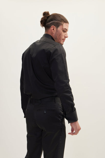 Men's Glitter-Piped Tuxedo Shirt - Black | Ron Tomson