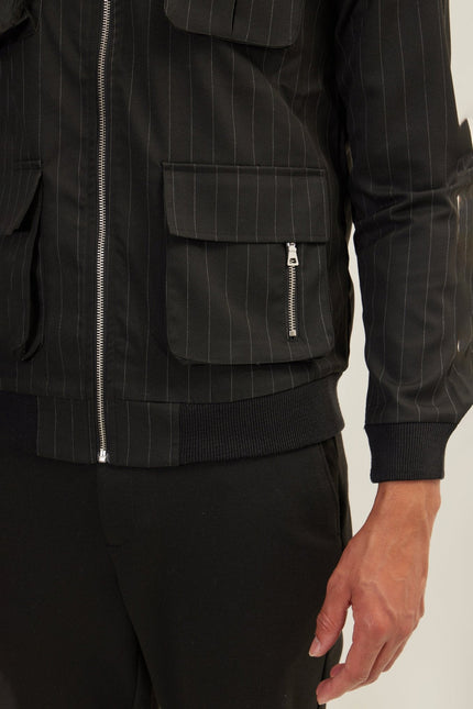 Men's Pinstriped Cargo Jacket - Black Anthracite | Ron Tomson
