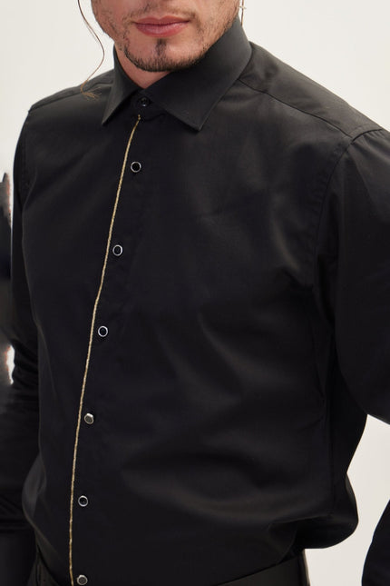 Men's Glitter-Piped Tuxedo Shirt - Black | Ron Tomson