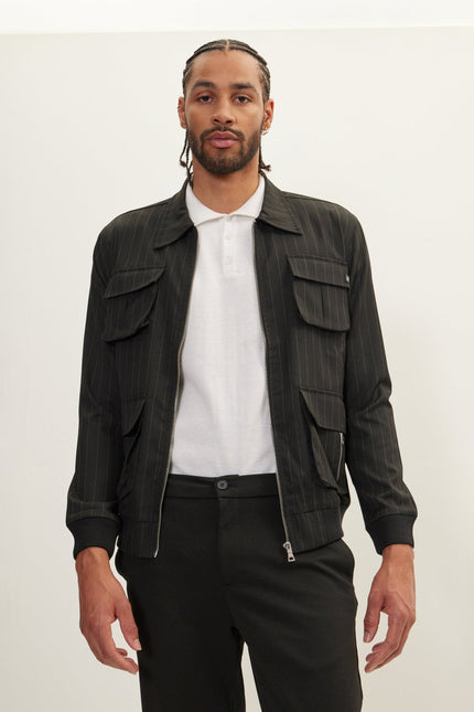 Men's Pinstriped Cargo Jacket - Black Anthracite | Ron Tomson