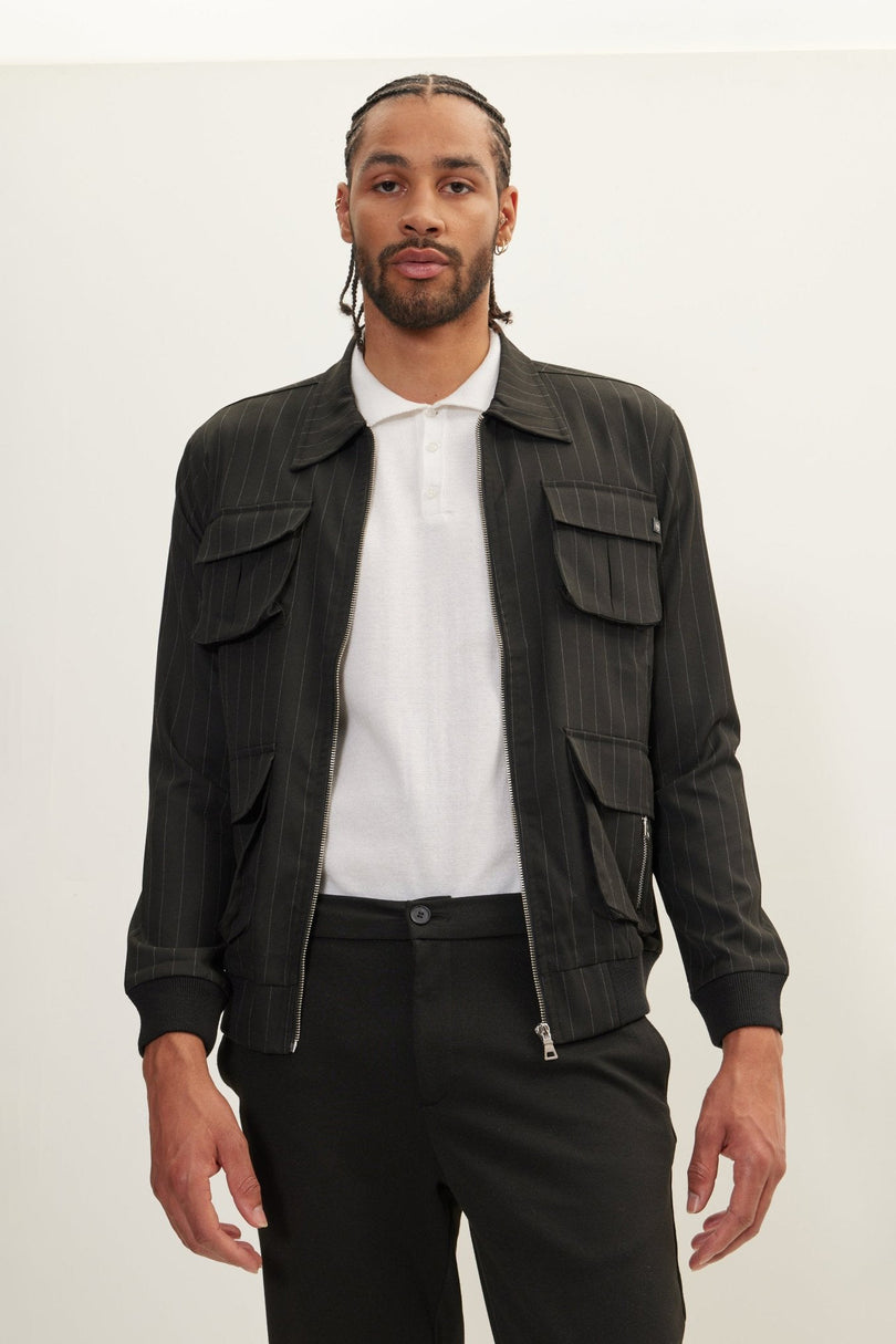Men's Pinstriped Cargo Jacket - Black Anthracite | Ron Tomson