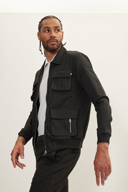 Men's Pinstriped Cargo Jacket - Black Anthracite | Ron Tomson