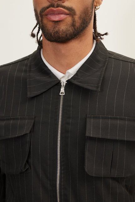 Men's Pinstriped Cargo Jacket - Black Anthracite | Ron Tomson