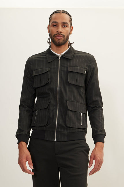 Men's Pinstriped Cargo Jacket - Black Anthracite | Ron Tomson