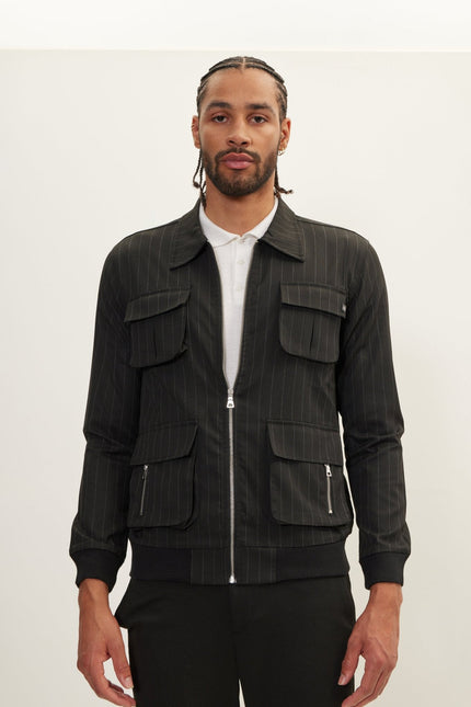 Men's Pinstriped Cargo Jacket - Black Anthracite | Ron Tomson