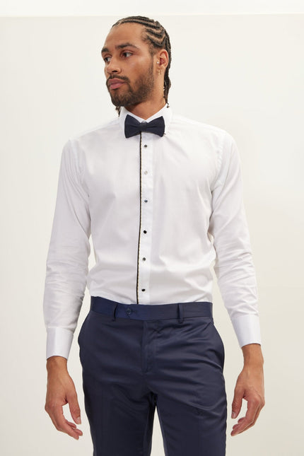 Men's Piped Lurex Detailed Tuxedo Shirt - White Black | Ron Tomson