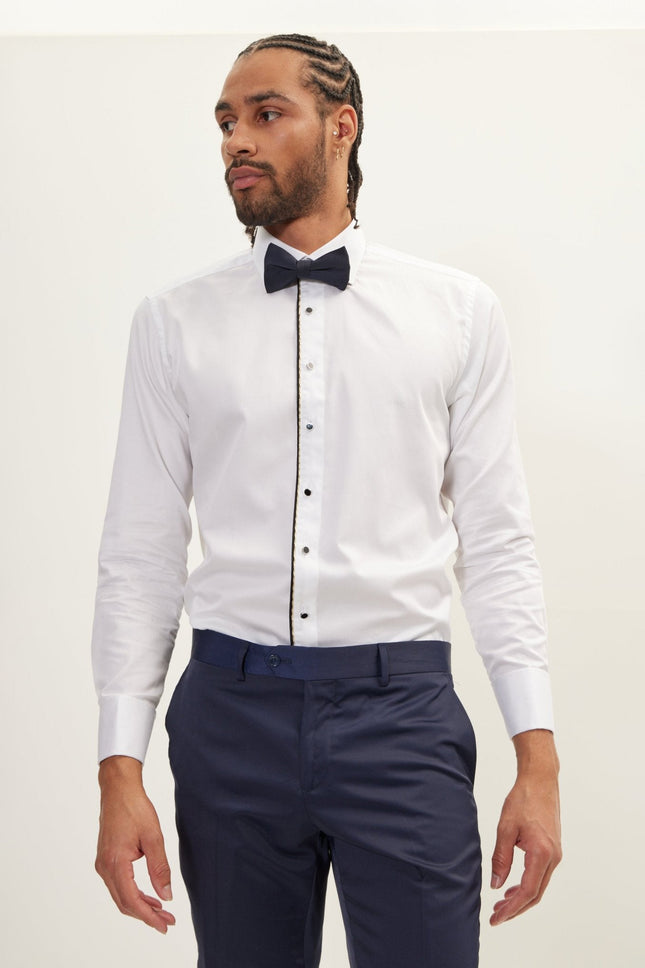 Men's Piped Lurex Detailed Tuxedo Shirt - White Black | Ron Tomson