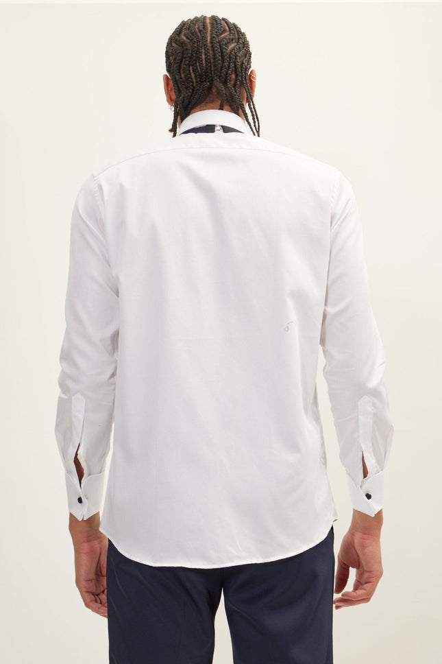 Men's Piped Lurex Detailed Tuxedo Shirt - White Black | Ron Tomson