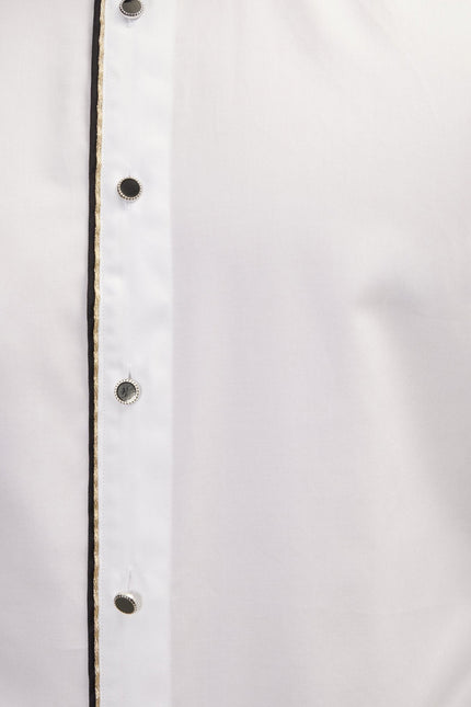 Men's Piped Lurex Detailed Tuxedo Shirt - White Black | Ron Tomson