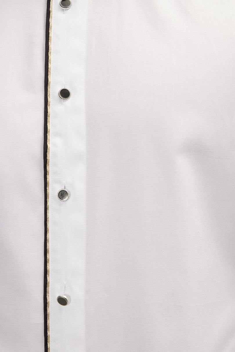 Men's Piped Lurex Detailed Tuxedo Shirt - White Black | Ron Tomson