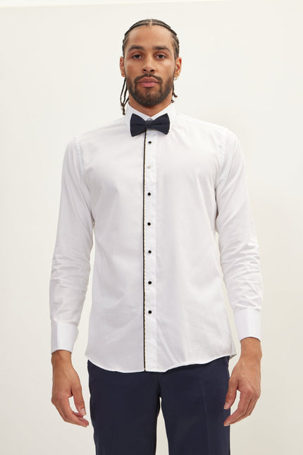 Men's Piped Lurex Detailed Tuxedo Shirt - White Black | Ron Tomson