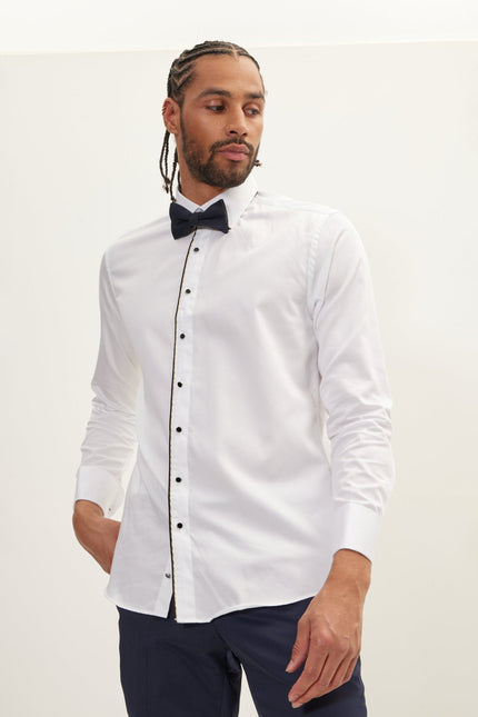 Men's Piped Lurex Detailed Tuxedo Shirt - White Black | Ron Tomson
