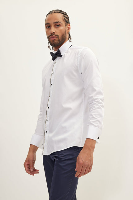 Men's Piped Lurex Detailed Tuxedo Shirt - White Black | Ron Tomson