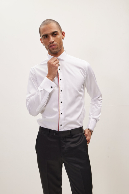 Men's Wing Collar Piped Tuxedo Shirt - White Red | Ron Tomson