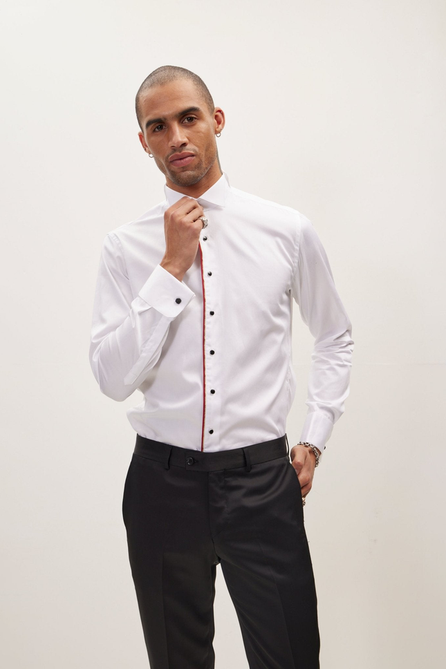 Men's Wing Collar Piped Tuxedo Shirt - White Red | Ron Tomson