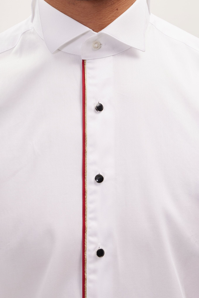 Men's Wing Collar Piped Tuxedo Shirt - White Red | Ron Tomson