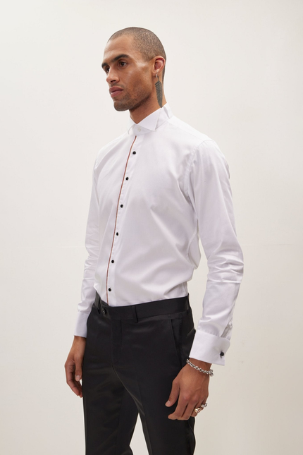 Men's Wing Collar Piped Tuxedo Shirt - White Red | Ron Tomson