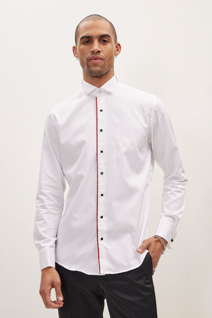 Men's Wing Collar Piped Tuxedo Shirt - White Red | Ron Tomson