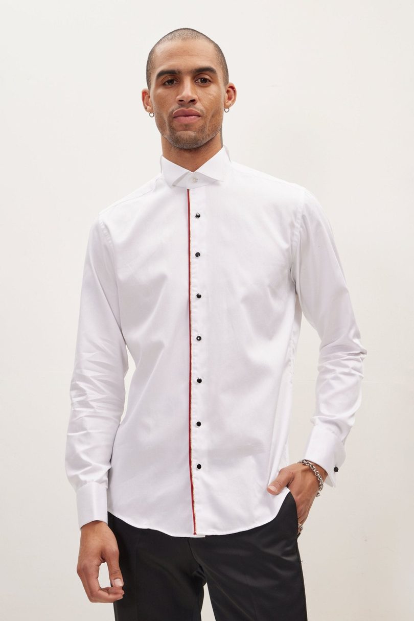 Men's Wing Collar Piped Tuxedo Shirt - White Red | Ron Tomson