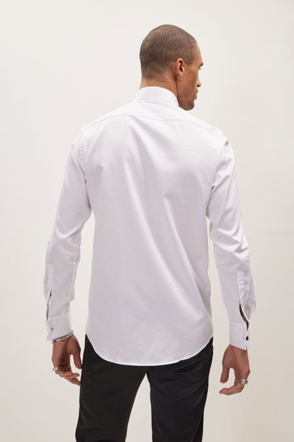 Men's Wing Collar Piped Tuxedo Shirt - White Red | Ron Tomson