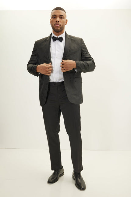 Men's Peak Lapel Tuxedo Jacket - Leaf Jacquard Black | Ron Tomson