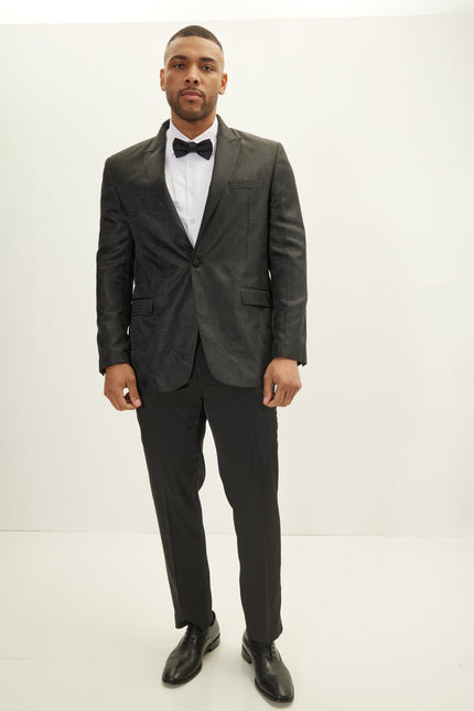 Men's Peak Lapel Tuxedo Jacket - Leaf Jacquard Black | Ron Tomson