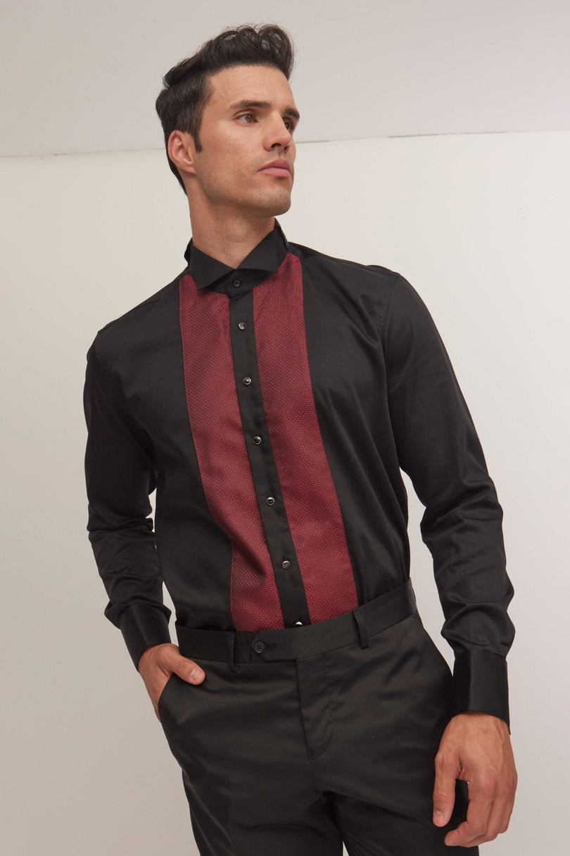 Men's Men's Pique Bib Tuxedo Shirt - Black Burgundy