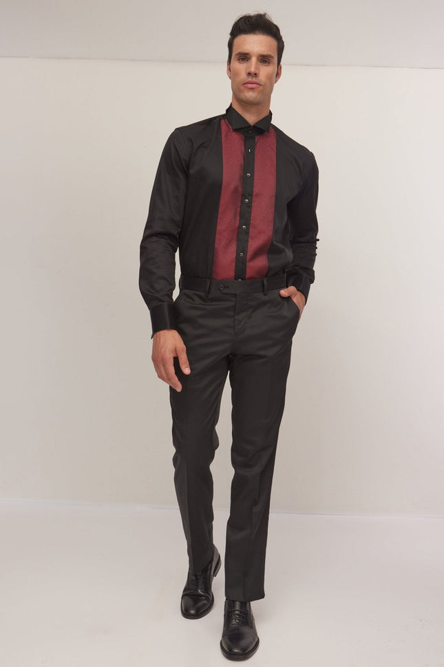 Men's Pique Bib Tuxedo Shirt - Black Burgundy | Ron Tomson