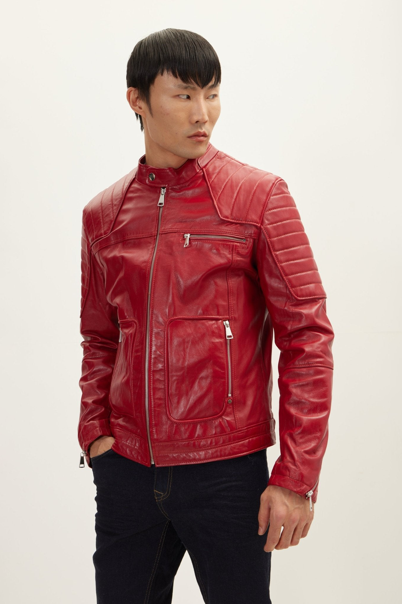 Men's Piping Lambskin Leather Motorcycle Jacket - Red | Ron Tomson