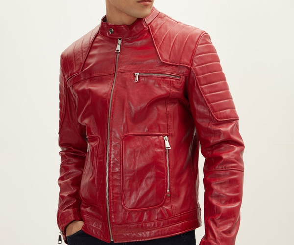 Men's Piping Lambskin Leather Motorcycle Jacket - Red | Ron Tomson