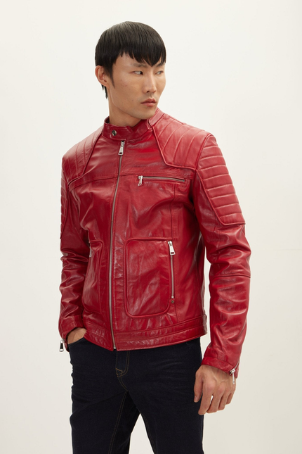 Men's Piping Lambskin Motorcycle Jacket - Red | Ron Tomson