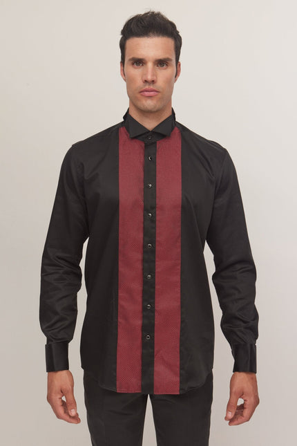 Men's Pique Bib Tuxedo Shirt - Black Burgundy | Ron Tomson
