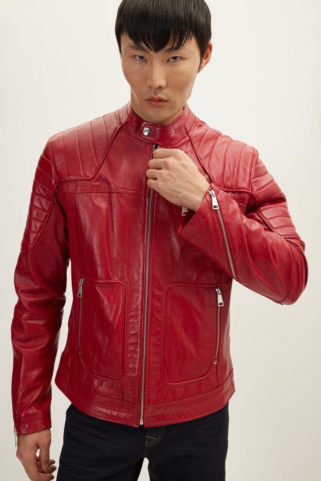 Men's Piping Lambskin Motorcycle Jacket - Red | Ron Tomson