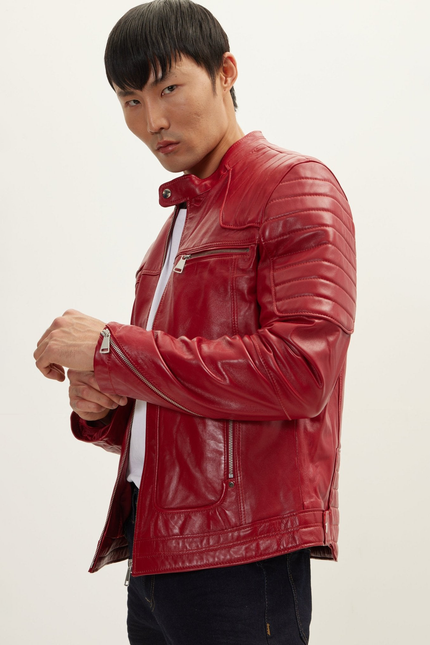 Men's Piping Lambskin Motorcycle Jacket - Red | Ron Tomson