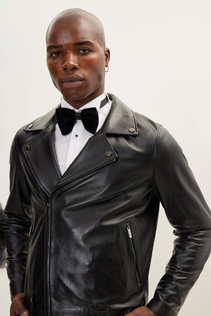 Men's Lambskin Leather Moto Jacket - Black | Ron Tomson