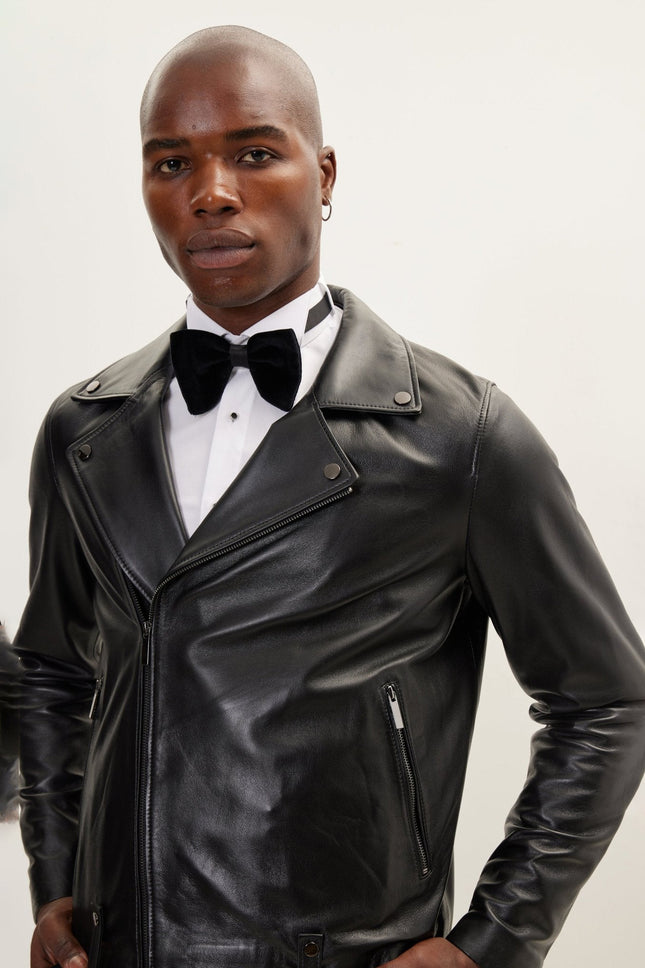 Men's Lambskin Leather Moto Jacket - Black | Ron Tomson