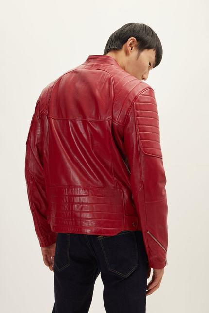 Men's Piping Lambskin Motorcycle Jacket - Red | Ron Tomson