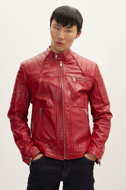 Men's Piping Lambskin Motorcycle Jacket - Red | Ron Tomson