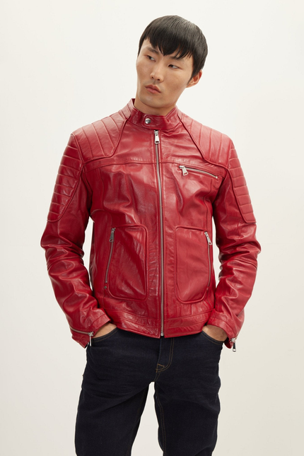 Men's Piping Lambskin Motorcycle Jacket - Red | Ron Tomson
