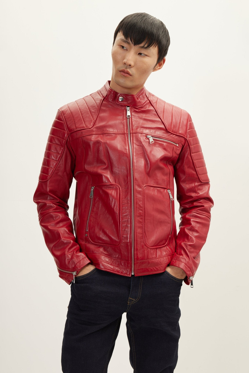 Men's Piping Lambskin Motorcycle Jacket - Red | Ron Tomson