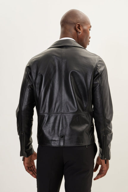 Men's Lambskin Leather Moto Jacket - Black | Ron Tomson