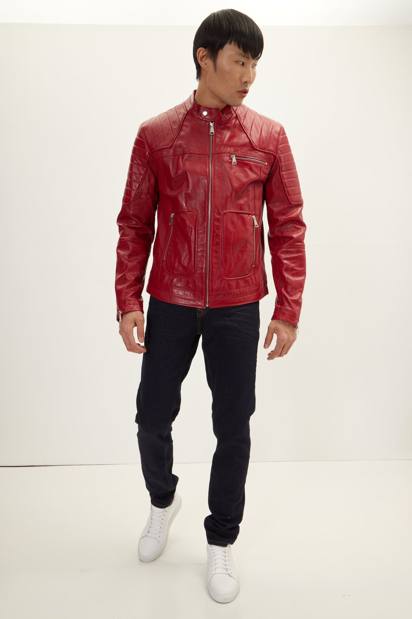 Men's Piping Lambskin Leather Motorcycle Jacket - Red | Ron Tomson