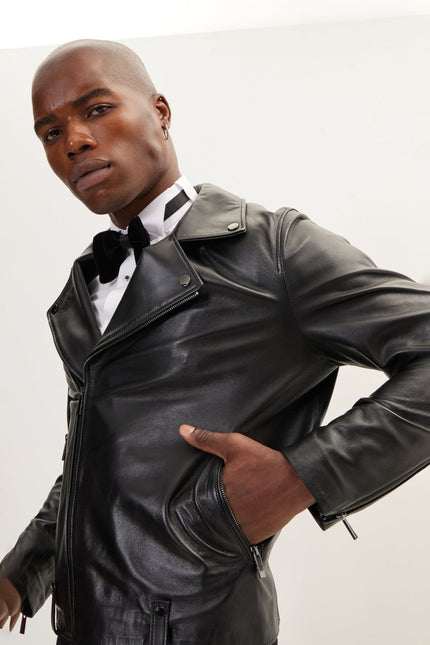 Men's Lambskin Leather Moto Jacket - Black | Ron Tomson