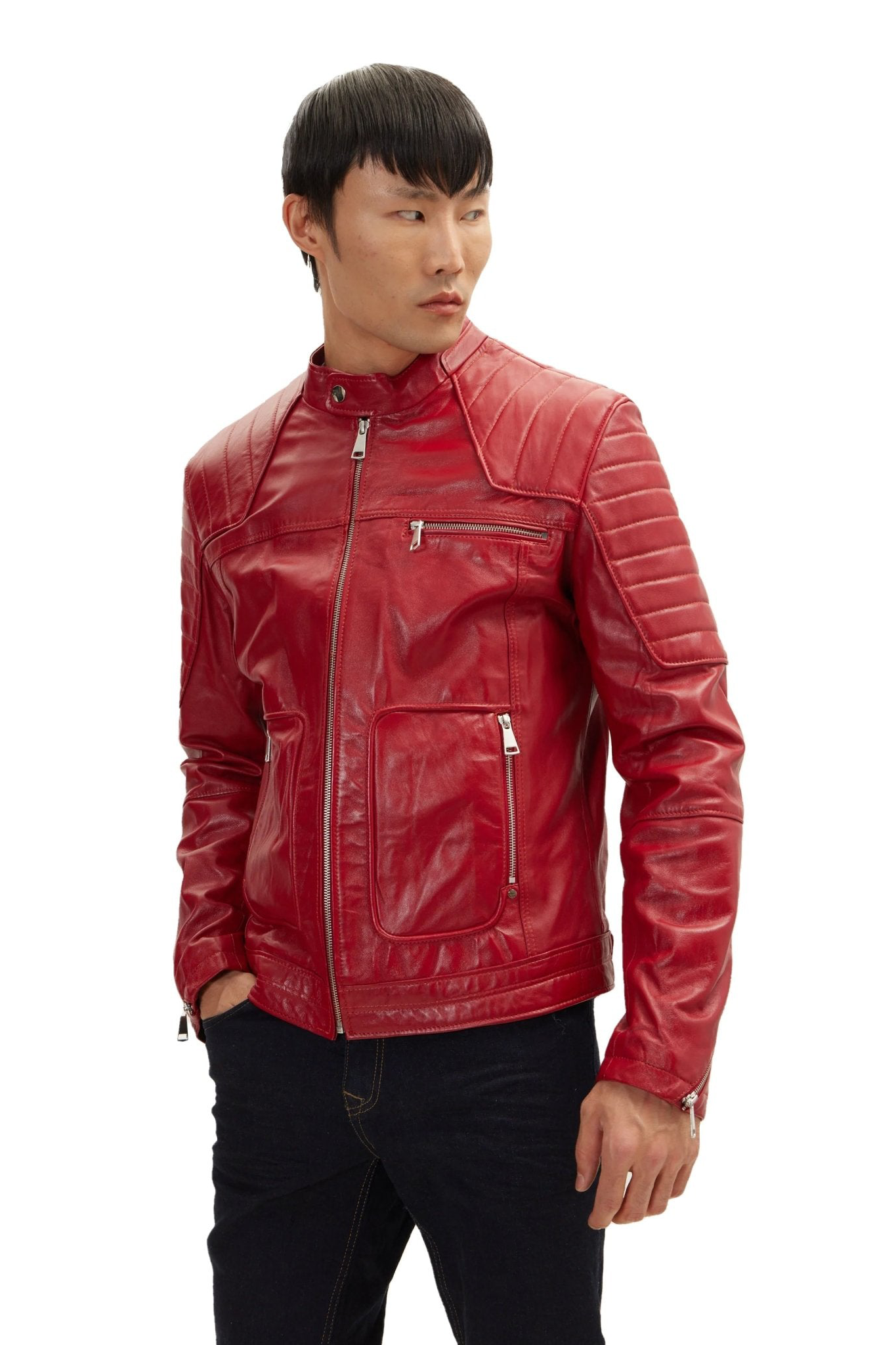 Men's Piping Lambskin Leather Motorcycle Jacket - Red | Ron Tomson