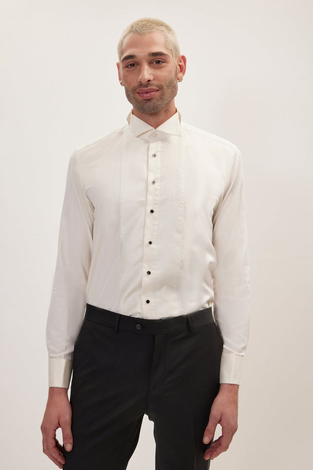 Men's Pique Bib Tuxedo Shirt - Beige | Ron Tomson