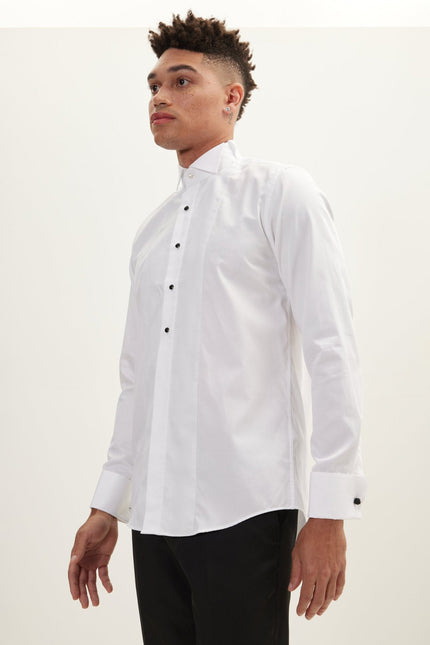 Men's Pique Bib Tuxedo Shirt - White | Ron Tomson