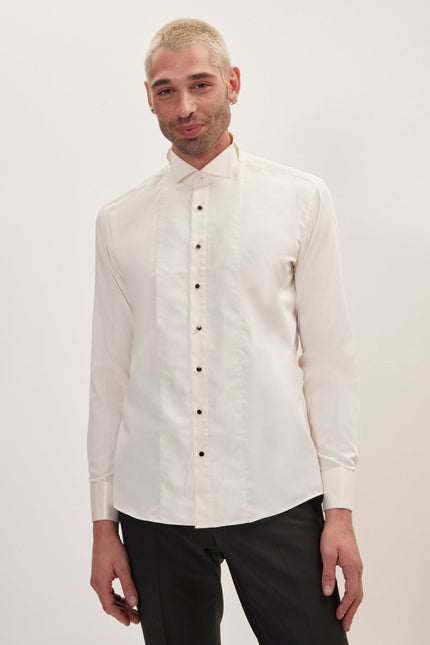Men's Pique Bib Tuxedo Shirt - Beige | Ron Tomson